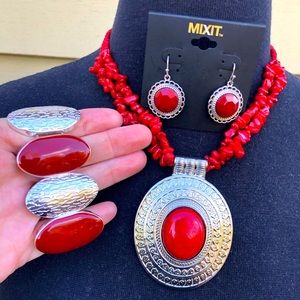 Red Jewelry Lot: Chunky Necklace Dangling Earrings Stretch Bracelet Beads